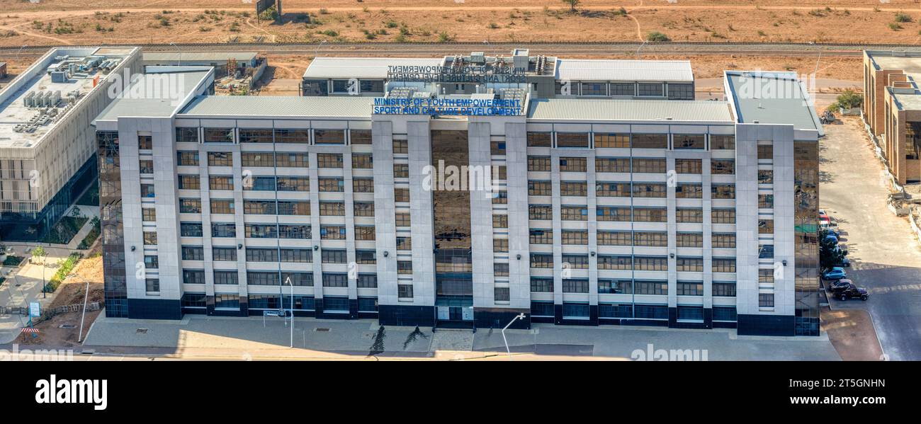 Botswana, gaborone, 7.18.2019 wide aerial view panorama of the ministry of youth empowerment sport and culture development building, editorial Stock Photo