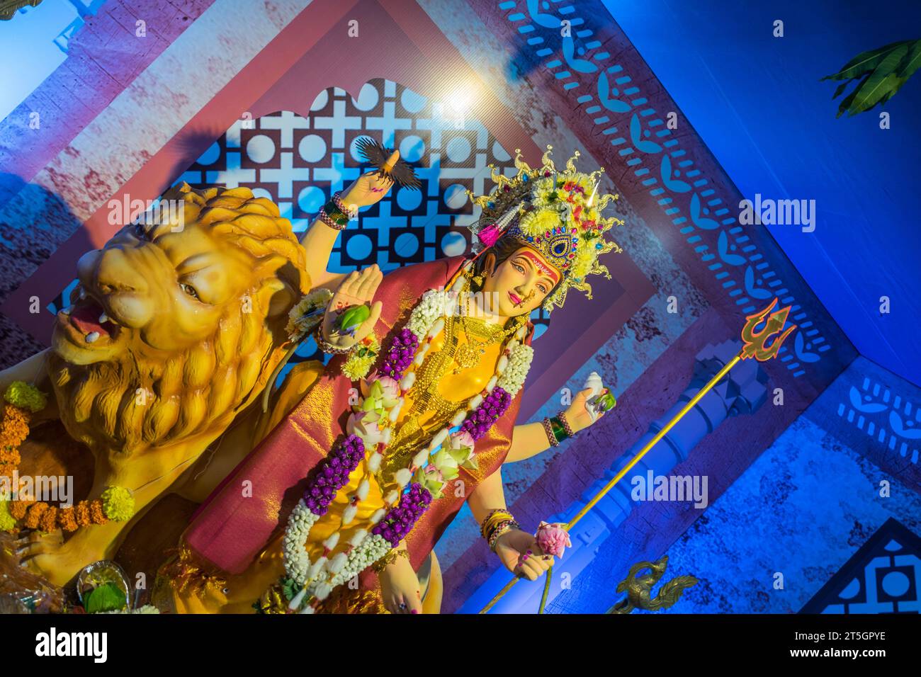 A beautiful idol of Maa Durga being worshipped at a pandal during Navratri in Mumbai, India Stock Photo