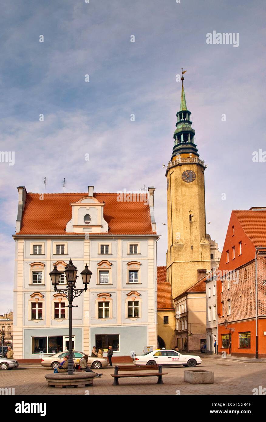 Rynek (Market Square) and tower of Town Hall in Brzeg, Opolskie, Poland Stock Photo