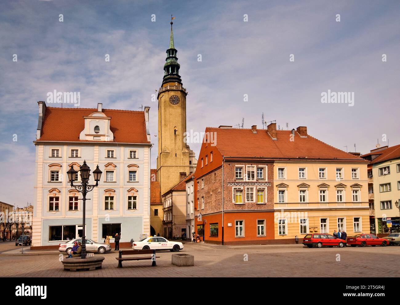 Rynek (Market Square) and tower of Town Hall in Brzeg, Opolskie, Poland Stock Photo