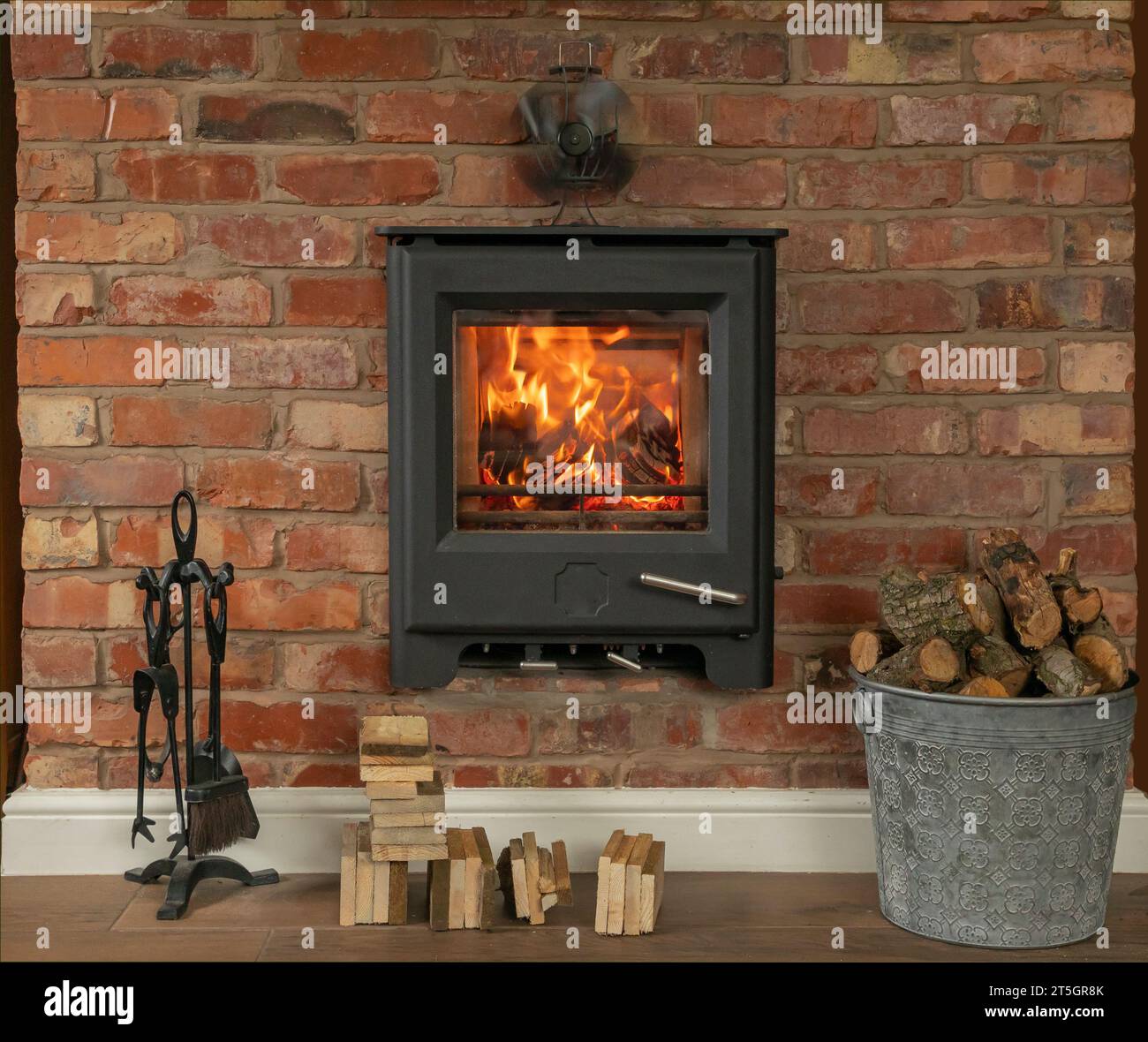 In wall log burner with a roaring fire and piles of logs waiting to be burnt Stock Photo