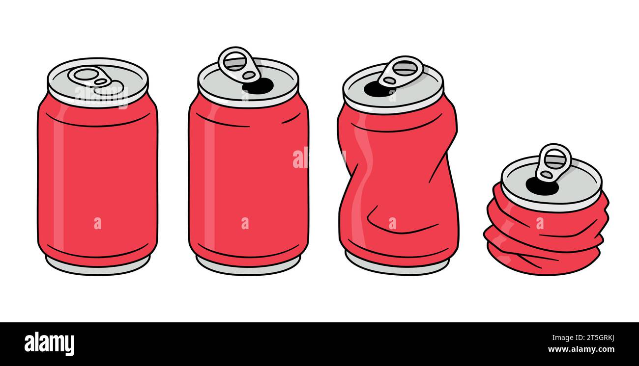 Crushed aluminum can drawing set. Simple red soda or beer can design. Vector illustration. Stock Vector