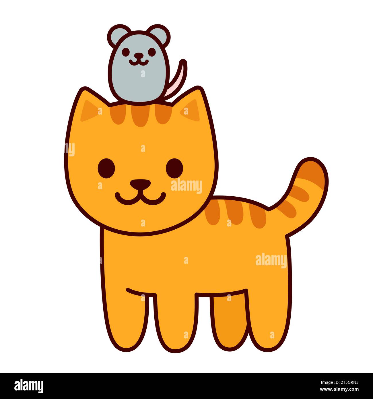 Cartoon cat and mouse kawaii vector illustration. Ginger kitten with little mouse, cute animal friends drawing. Stock Vector