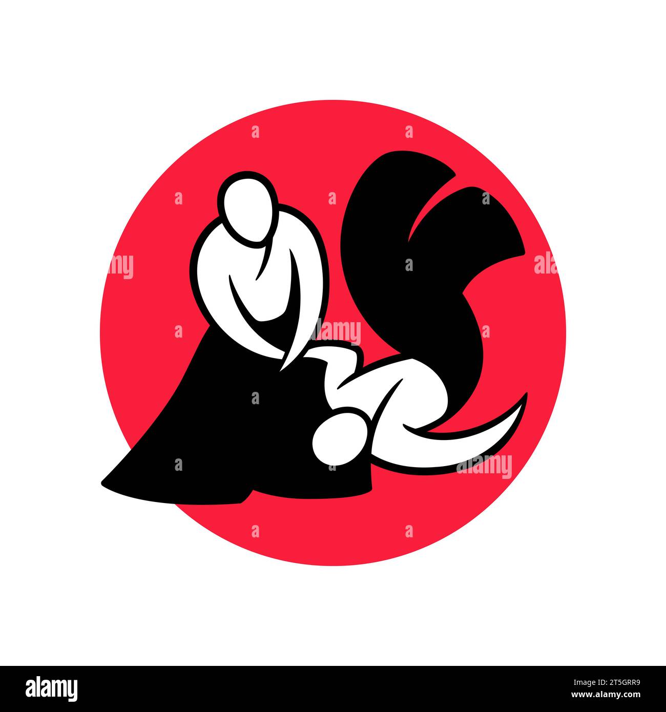 Aikido black and white minimal logo on red circle. Simple drawing of Japanese martial art. Vector illustration. Stock Vector