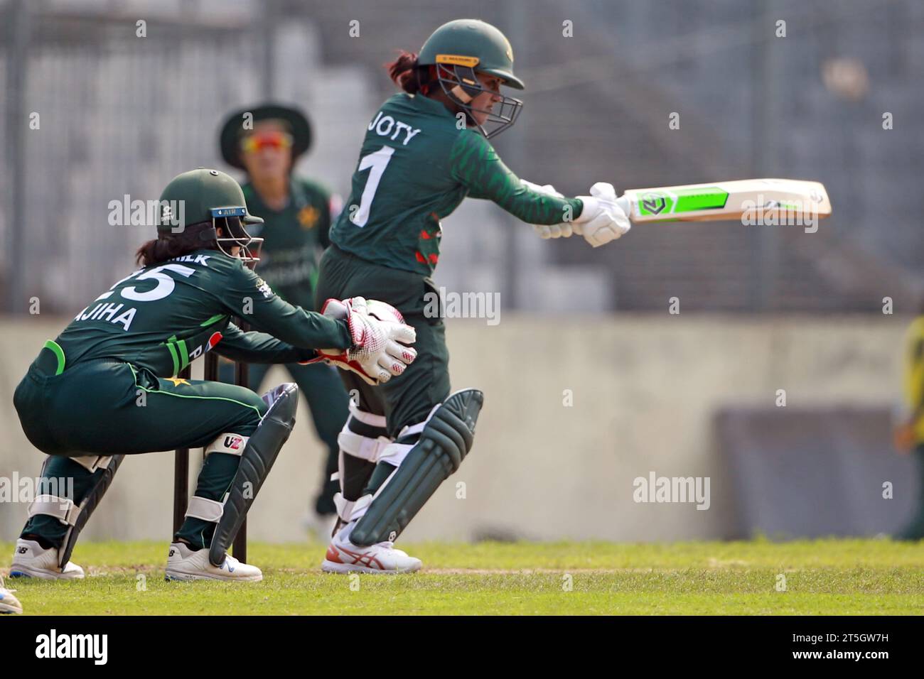 Bangladesh women cricket team Captain Nigar Sultana Joty bats against Pkistan during the first ODI match at the Sher-e-Bangla National Stadium in Mirp Stock Photo