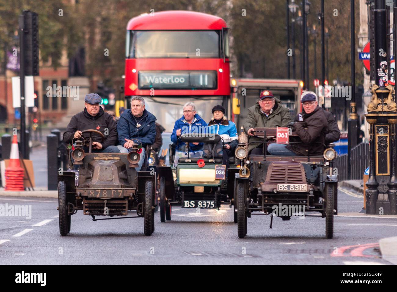 Westminster, London, UK. 5th Nov, 2023. The London to Brighton veteran car run is the longest-running motoring event in the world with the first taking place in 1896 organised to celebrate the passing of the law that enabled 'light locomotives' to travel at speeds greater than 4mph. Cars entering the event must have been built before 1905. Setting off at dawn from Hyde Park the vehicles travelled through London before heading south Stock Photo