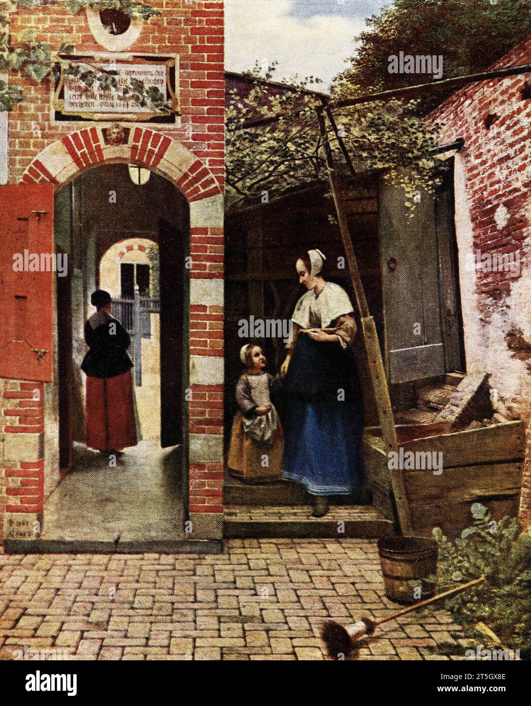 The 1916 caption reads: “Pieter de Hooch 1629-1677. Dutch School  - Court of a Dutch House paved with Bricks in National Gallery. Signed P D H A 1658 - on a stone built into the base of the porch. Painted in oil on canvas. 2 ft 5 in h. x 1 ft 11.5 in w.” Pieter de Hooch was a Dutch Golden Age painter famous for his genre works of quiet domestic scenes with an open doorway. He was a contemporary, in the Delft Guild of St. Luke, of Jan Vermeer with whom his work shares themes and style. Stock Photo