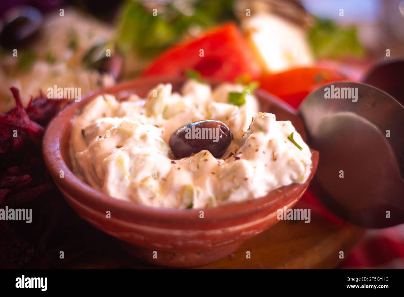 Pepper, White cheese, brandy, sauce, traditional food Sopska Salad, spring onion,  Kumanovo, Macedonia Stock Photo