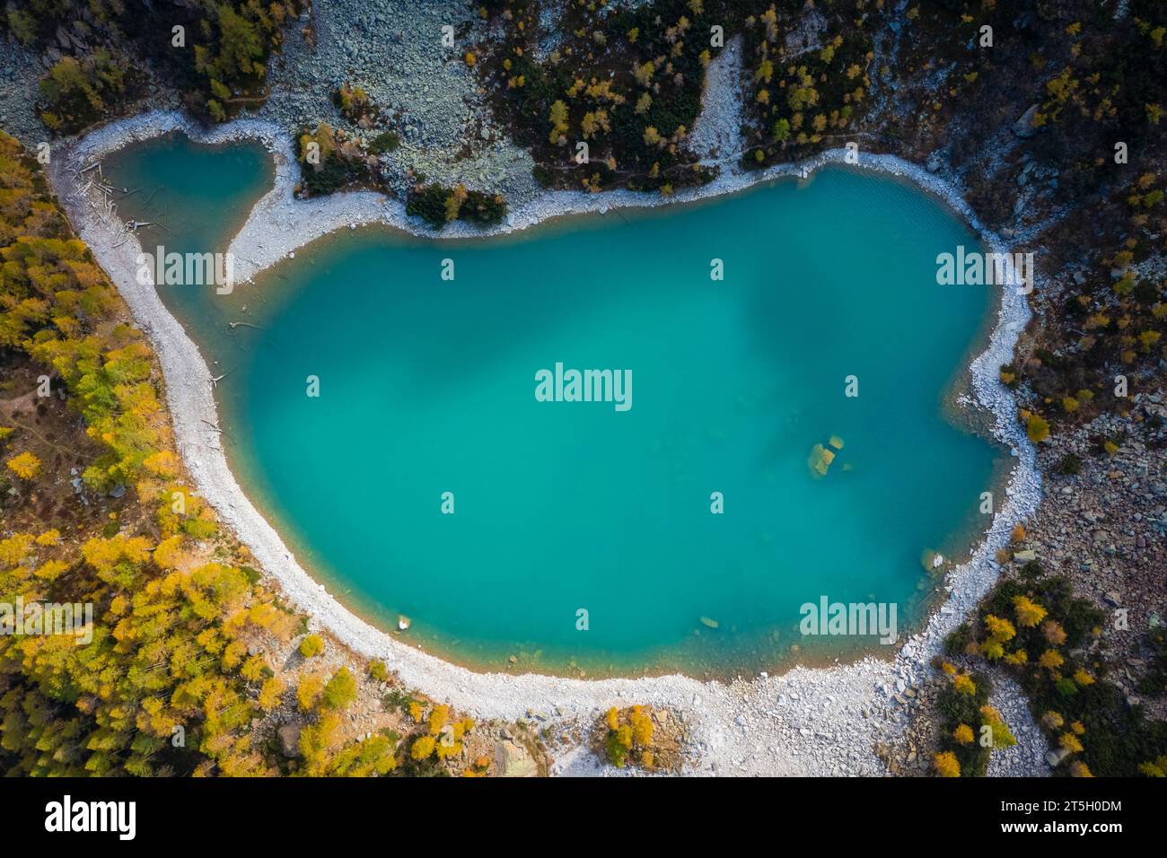 Aerial view of the Lagazzuolo lake in autumn. Valmalenco, Valtellina, Sondrio, Lombardy, Italy, Europe. Stock Photo