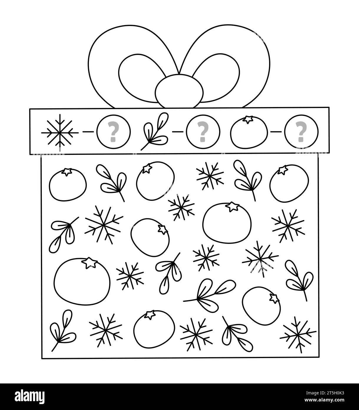 Christmas black and white I spy game for kids shaped as present box. Searching and counting line activity with cute holiday symbols, snowflake. Winter Stock Vector