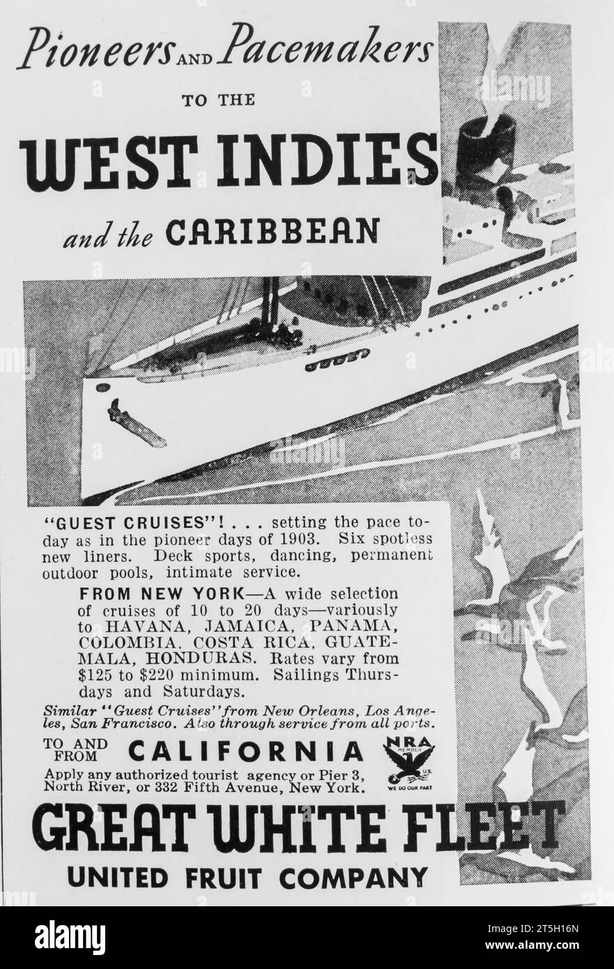 1934 Great White Fleet, United Fruit Company West Indies and the Caribbean cruises from California ad Stock Photo
