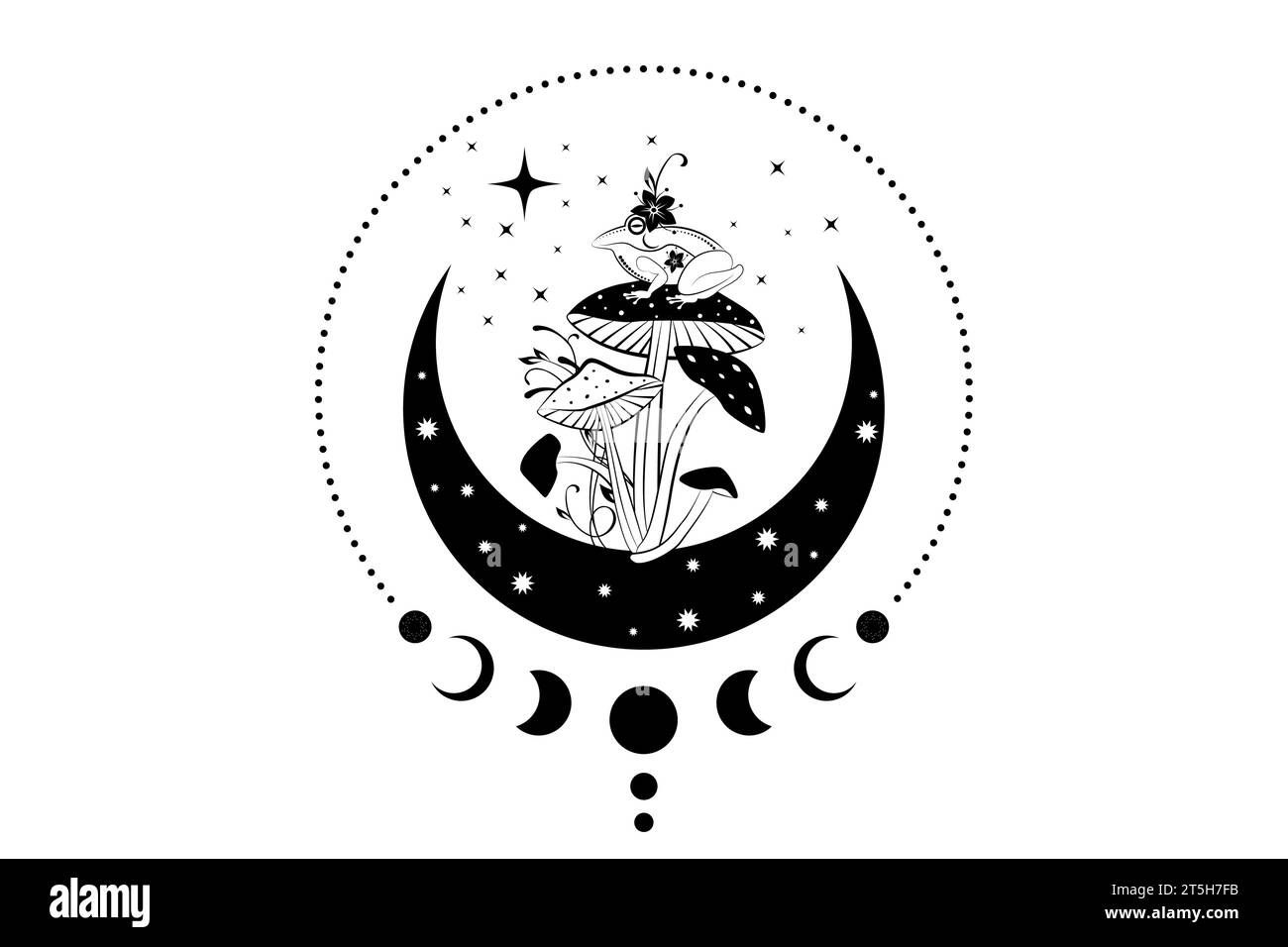 Spiritual sacred frog over magic mushroom in witchcraft crescent moon. Mystical celestial toad with moon phases and stars. Witchy esoteric fungus logo Stock Vector