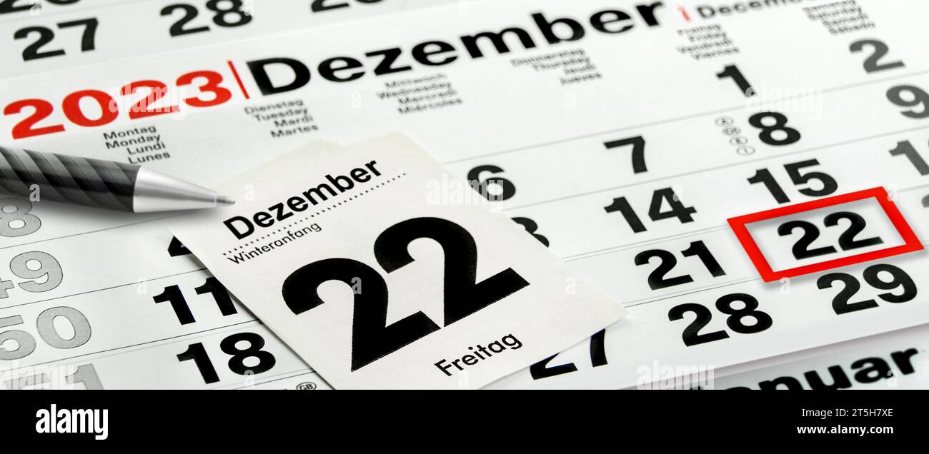 Deutscher Kalender und Datum 22. Dezember 2023 Winteranfang Stock Photo 