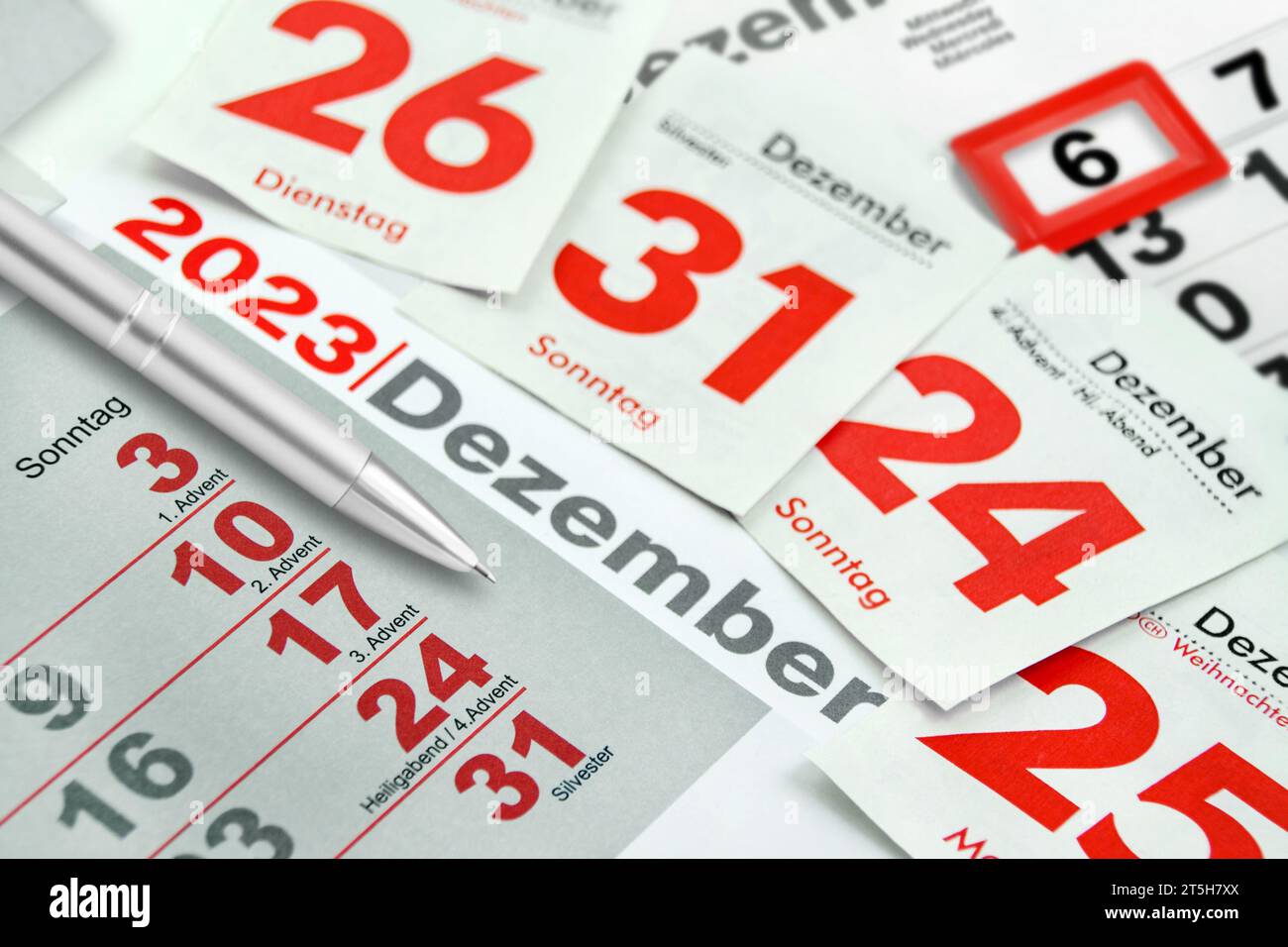 German calendar 2023 December Christmas Holidays, Advent, New Years Eve, Christmas Eve and Monday Tuesday Sunday Stock Photo