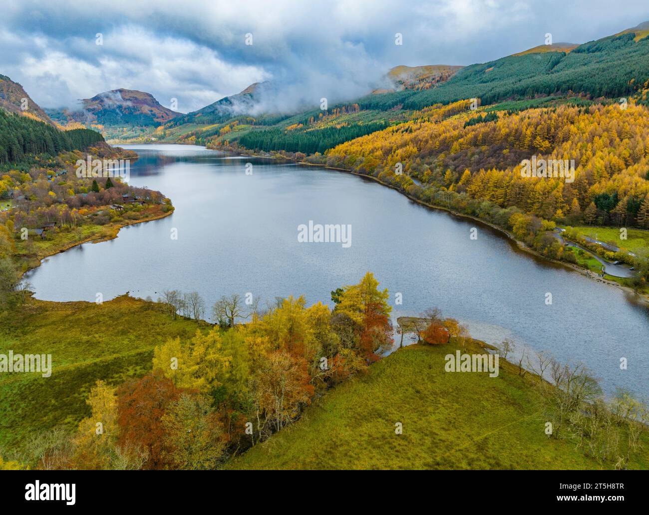 Aerial view of autumn colours beside Loch Lubnaig in The Trossachs