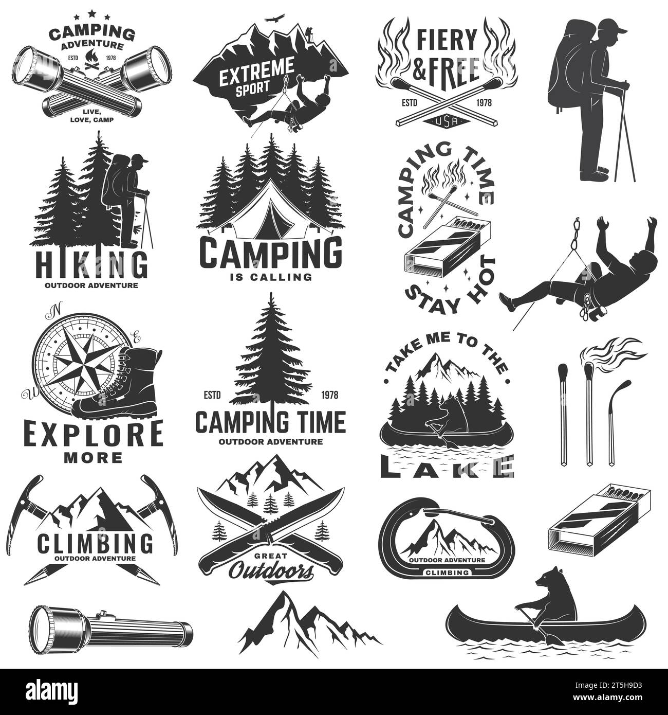 Set of outdoor adventure sticker. Vector illustration. Concept for shirt or logo, print, stamp, patch or tee. Vintage typography design with forest Stock Vector