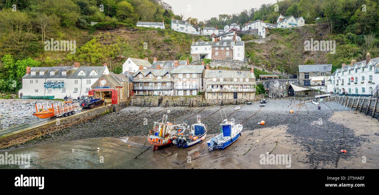 CLOVELLY, DEVON, ENGLAND - MAY 2 2023: Panoramic view of boats in the harbour at Clovelly, a small village on the Atlantic Ocean coast, Devon, England Stock Photo