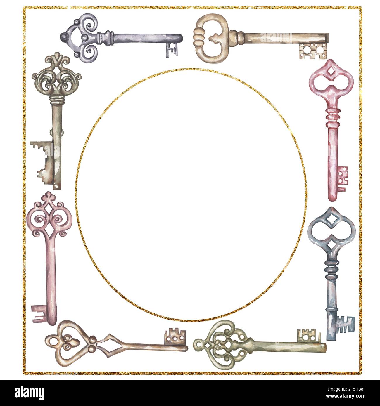 Watercolor keys and padlock frame clipart. Vintage key and lock border ...