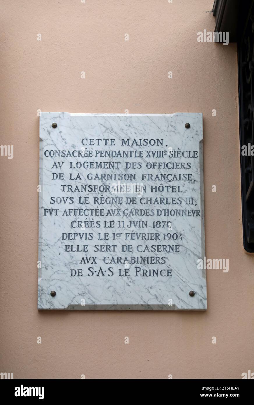 Wall plaque on the Caserne des Carabiniers building in Monaco Ville Stock Photo