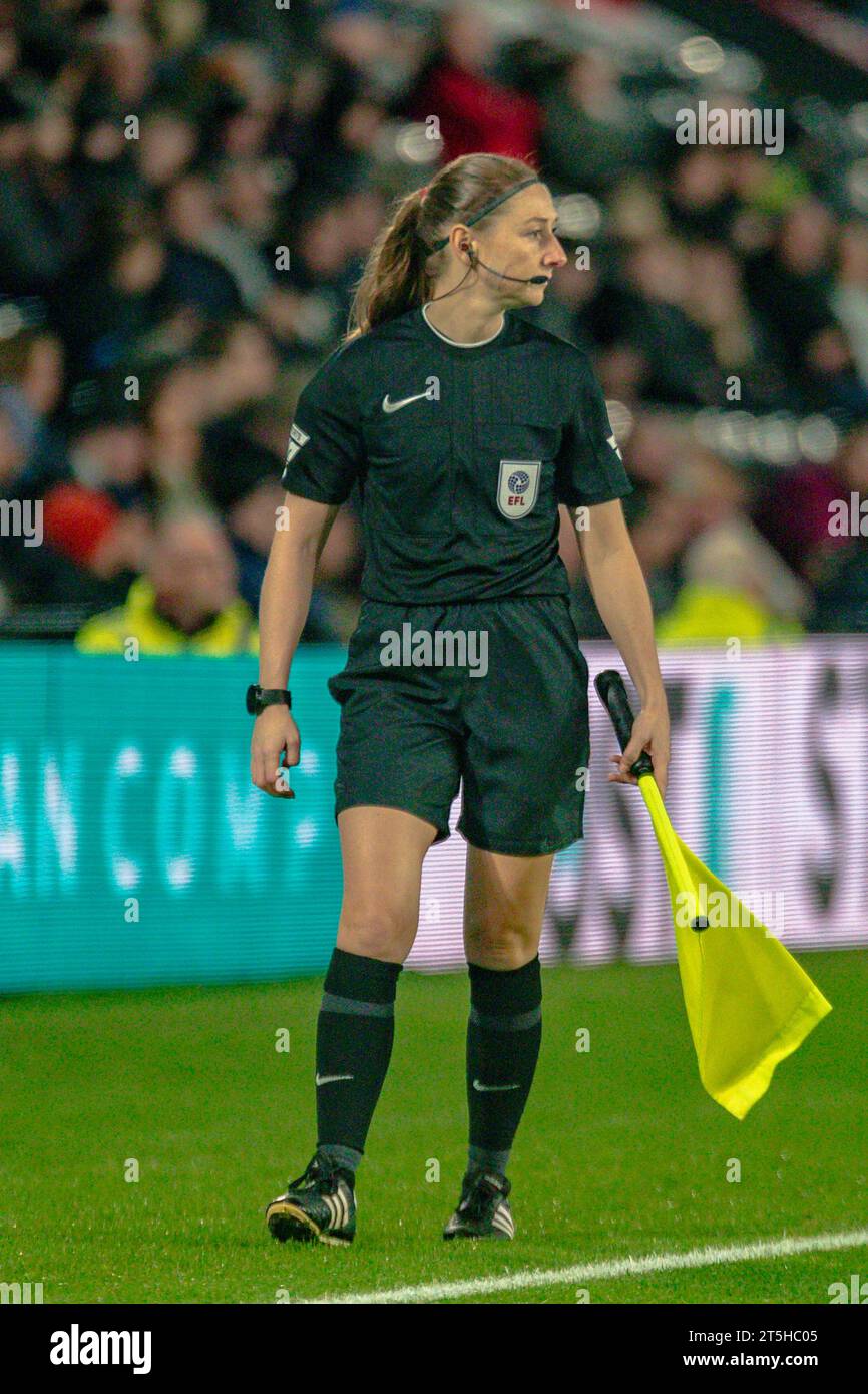 Derby, United Kingdom. October, 31 2023: Assistant referee Sian Massey-Ellis at Pride Park Stadium officiating at the EFL League 1 Match Derby County Stock Photo