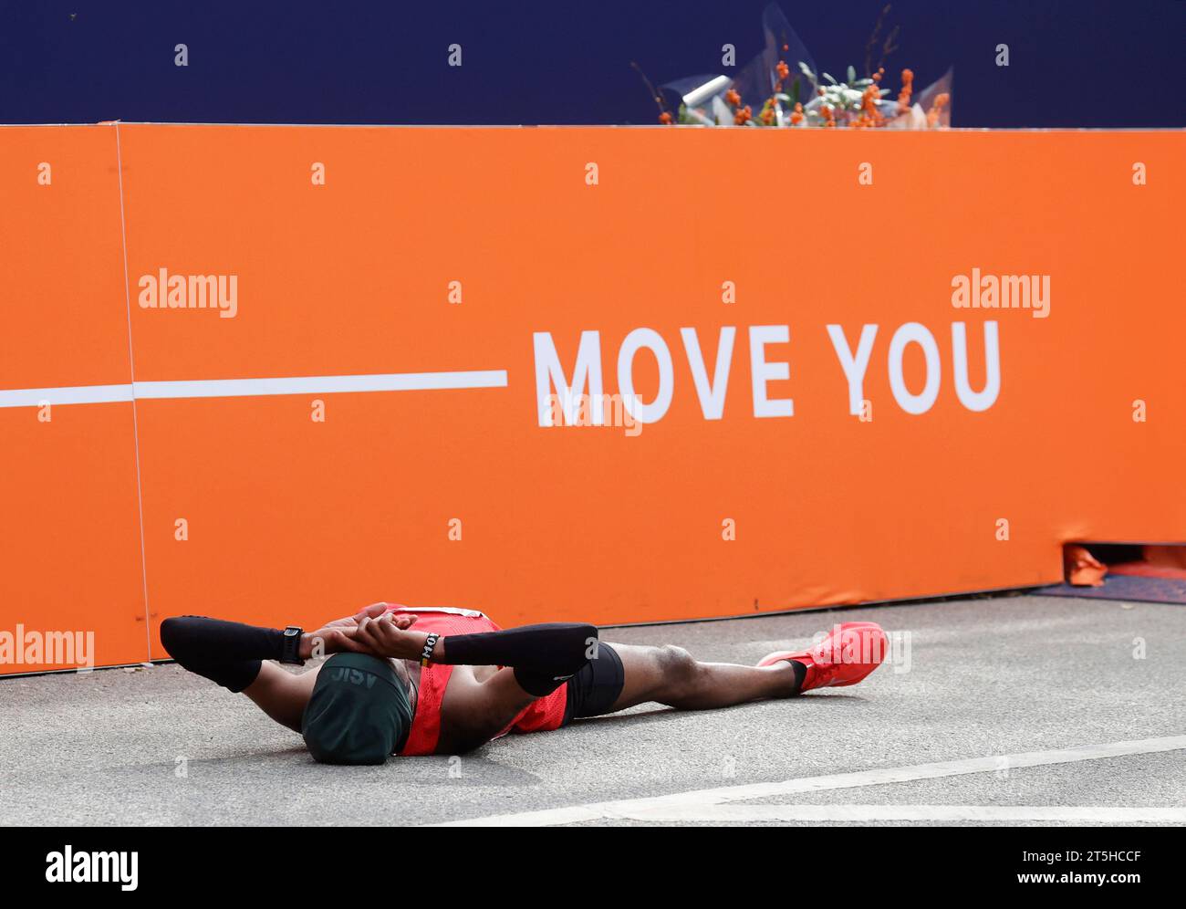 New York, United States. 16th Jan, 2023. Runners fall to the pavement after crossing the finish line competing at the 2023 NYRR TCS New York City Marathon in New York City on Sunday, November 5, 2023. Over 50,000 runners from New York City and around the world race through the five boroughs on a course that winds its way from the Verrazano Bridge before crossing the finish line by Tavern on the Green in Central Park. Photo by John Angelillo/UPI Credit: UPI/Alamy Live News Stock Photo
