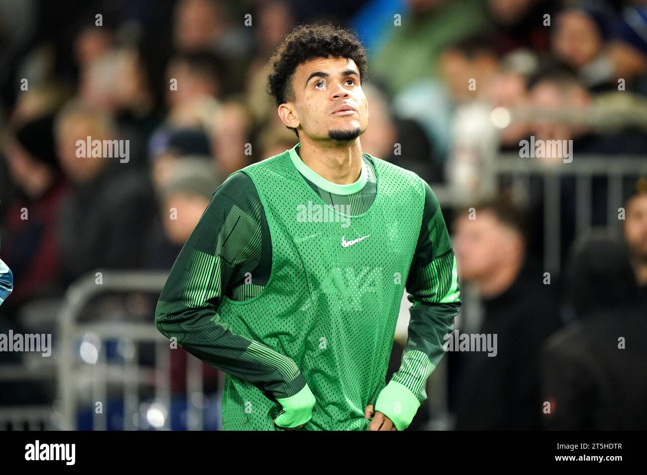 Liverpool's Luis Diaz warming up on the touch line during the Premier ...