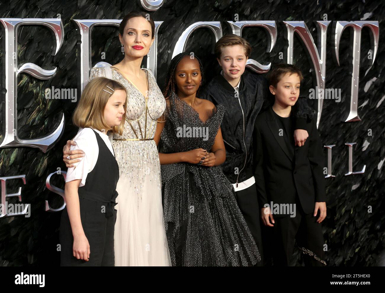London, UK. 09th Oct, 2019. Vivienne Marcheline Jolie-Pitt, Angelina Jolie, Zahara Marley Jolie-Pitt, Shiloh Nouvel Jolie-Pitt and Knox Jolie-Pitt attend the European premiere of 'Maleficent: Mistress of Evil' at Odeon IMAX Waterloo in London. (Photo by Fred Duval/SOPA Images/Sipa USA) Credit: Sipa USA/Alamy Live News Stock Photo