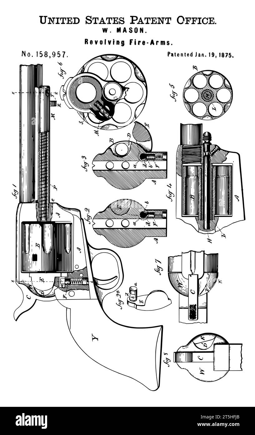 1875 Vintage revolving fire arm patent Stock Vector