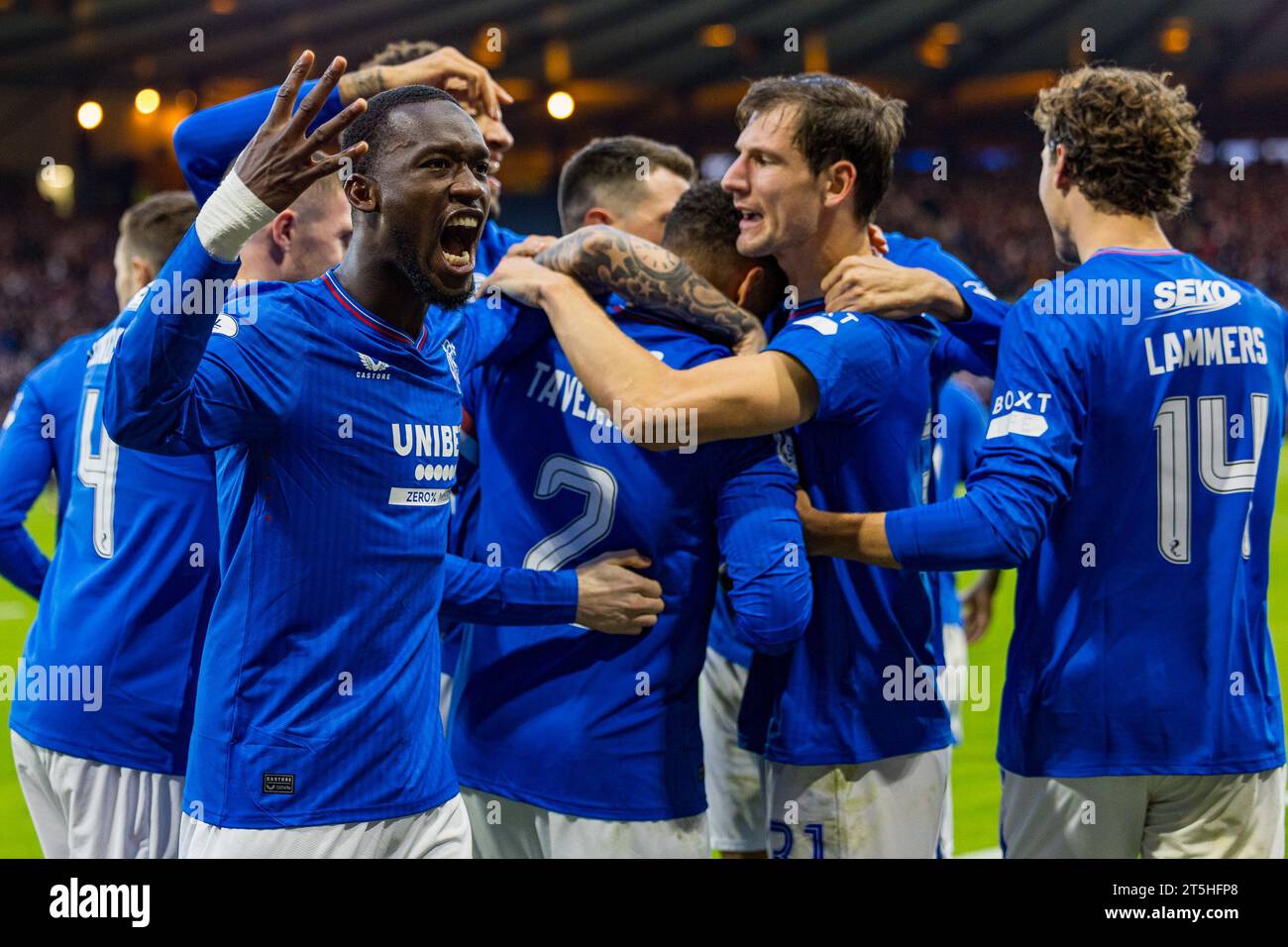 Glasgow, Scotland. 05 November 2023. Rangers celebrate James Tavernier