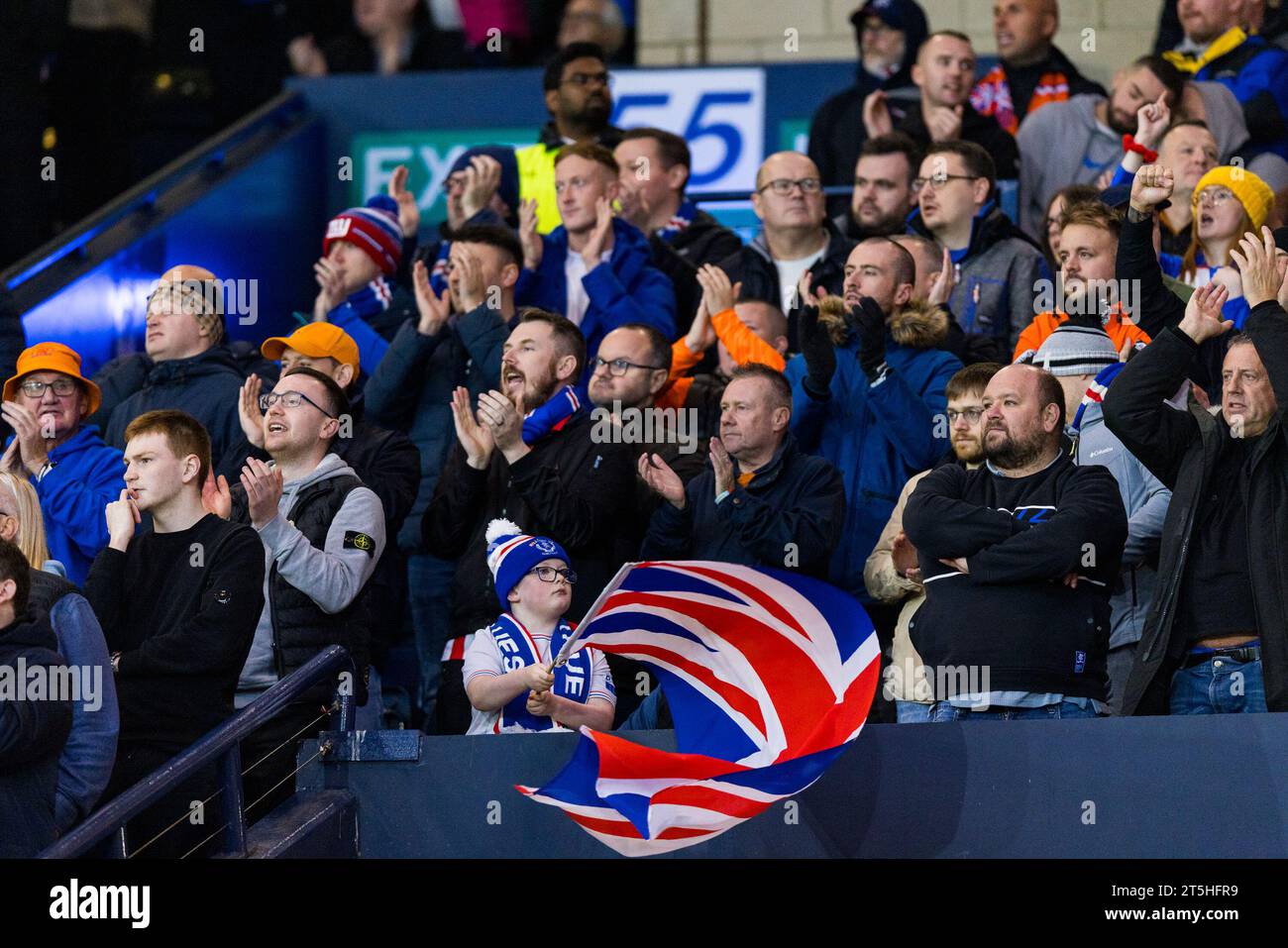Glasgow, Scotland. 05 November 2023. Rangers fans enjoy their team’s