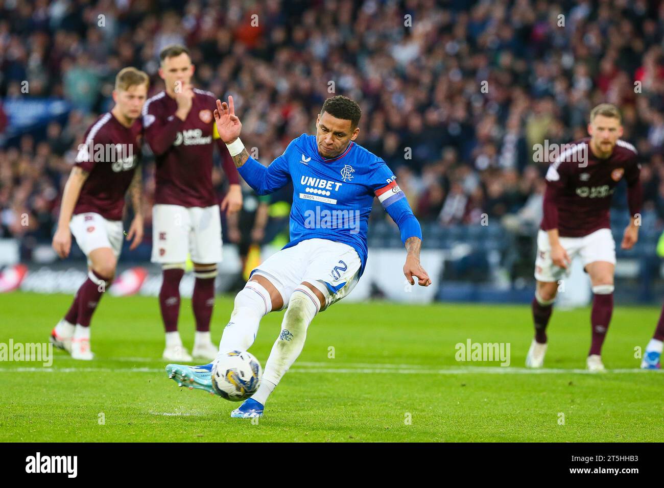 Glasgow, UK. 05 Nov 23. Glasgow, UK. In the second of the Via Play semi Finals, Rangers played Hearts at Hampden Park, Glasgow, Scotland, UK. Rangers won 3 - 1 with two goals from Tavernier and one by Scott Wright. Tavernier scored from a penalty and a set piece foul. Shankland scored for Hearts from a penalty. Rangers now go on to play Aberdeen in the finals on 17 December 2023 Credit: Findlay/Alamy Live News Stock Photo