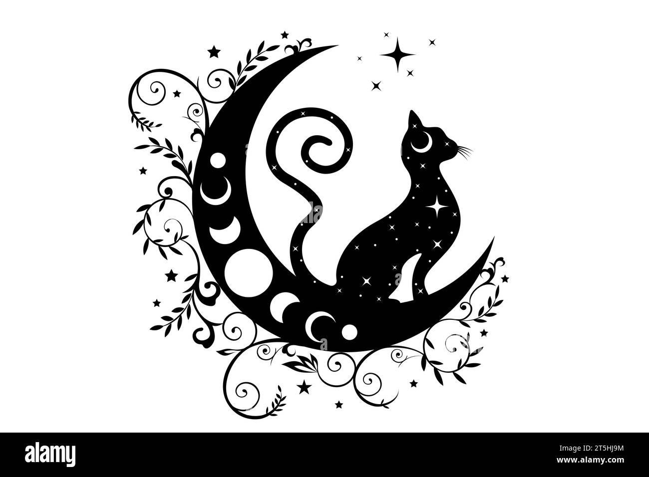 Mystical black cat over celestial crescent moon and moon phases, witchcraft symbol, witchy esoteric logo tattoo. Vector esoteric wiccan clipart boho Stock Vector