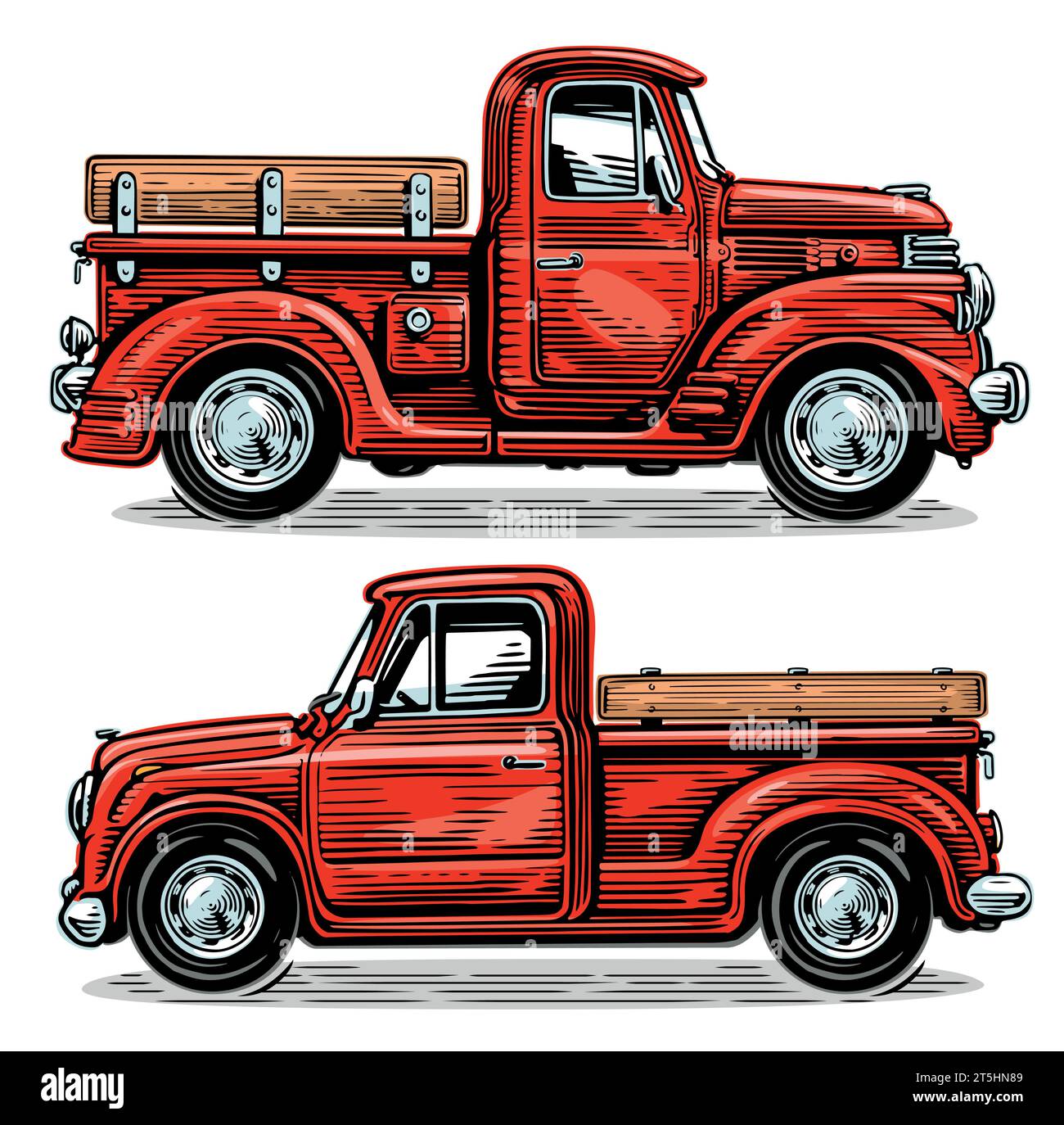 Red farm truck vector illustration. Vintage farmer pickup car. Retro transport vehicle sketch style Stock Vector
