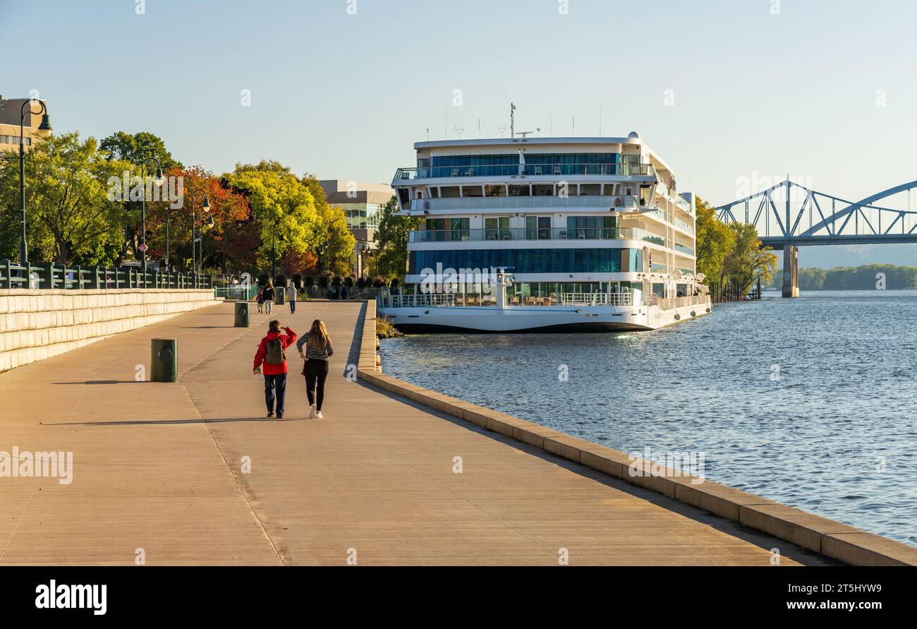 Modern Mississippi river cruise boat docked in La Crosse, Wisconsin on
