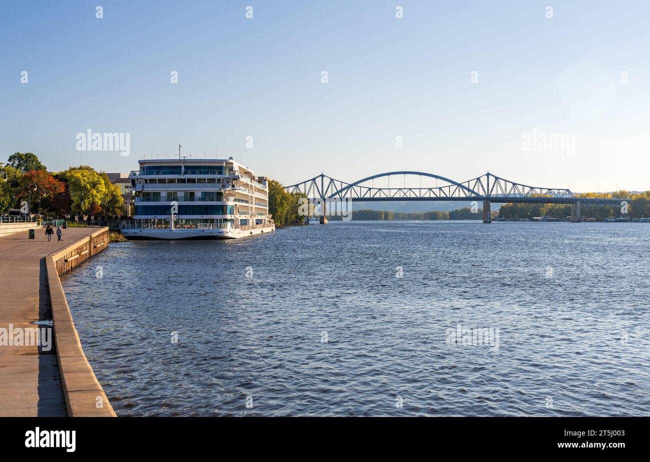 Modern Mississippi river cruise boat docked in La Crosse, Wisconsin on
