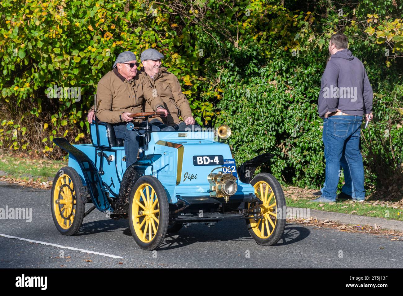 5th November 2023. Participants in the London to Brighton Veteran Car Run 2023 driving through West Sussex, England, UK. The route of the popular annual event runs for 60 miles. Pictured: a 1901 Clement-Panhard two-seater voiturette car on the road. Stock Photo