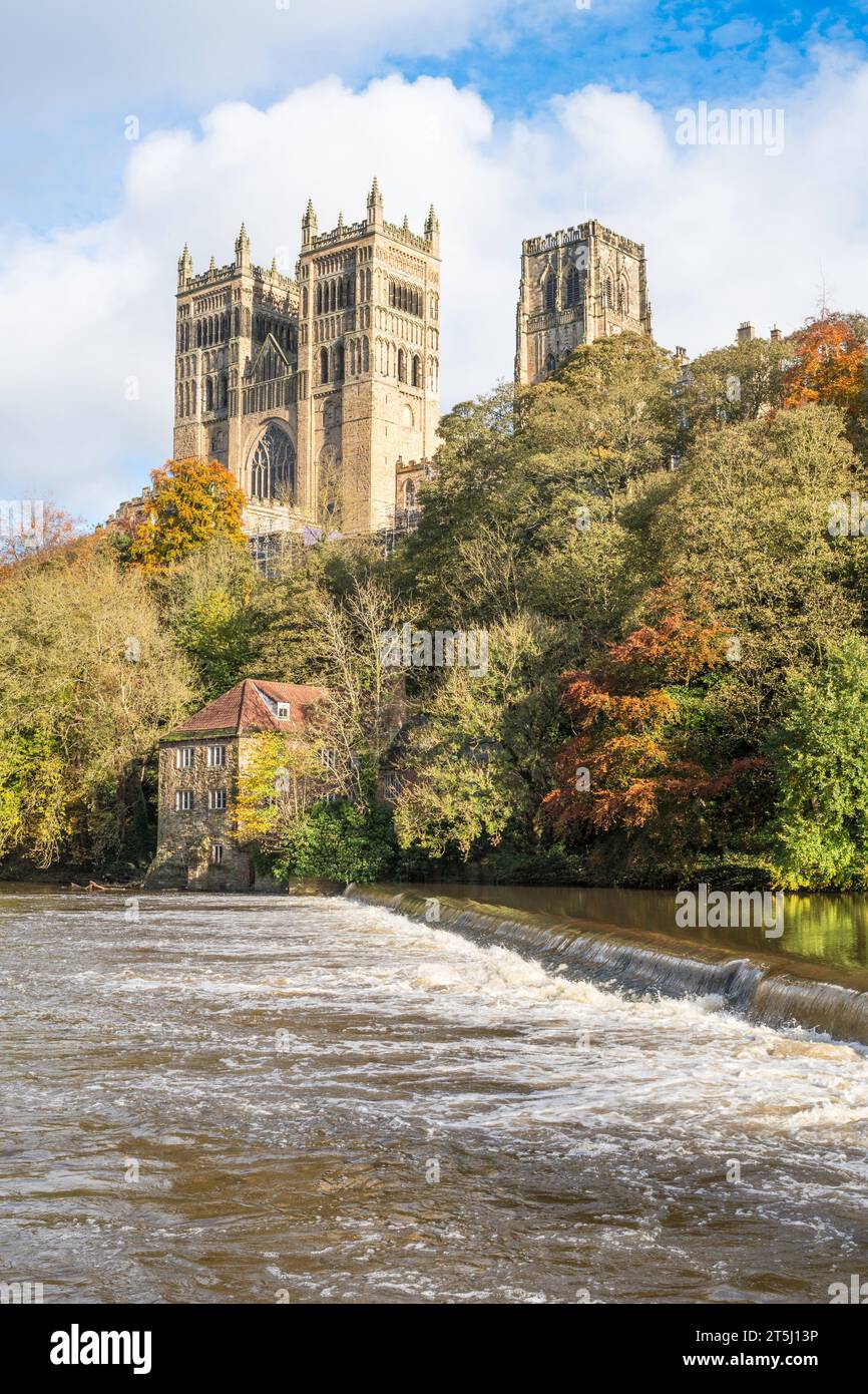 Durham cathedral seen across the river Wear in autumn, Durham city, England, UK Stock Photo