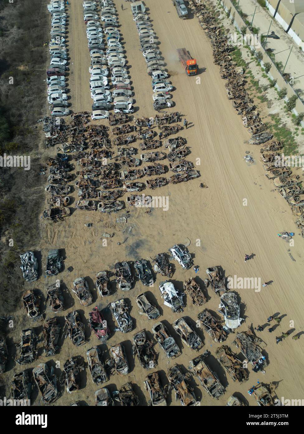 Netivot, Israel. 05th Nov, 2023. An aerial view of hundreds of Israeli cars that were burned and shot up by Hamas on their massacres during October 7, 2023 in southern Israeli communities that border the Gaza Strip as seen outside Netivot, Israel on Sunday, November 5, 2023. Photo by Jim Hollander/UPI Credit: UPI/Alamy Live News Stock Photo