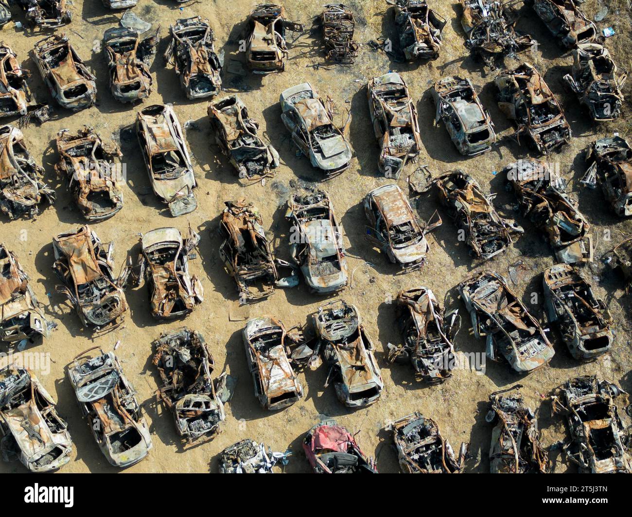 Netivot, Israel. 05th Nov, 2023. An aerial view of some of the hundreds of Israeli cars that were burned and shot up by Hamas on their massacres during October 7, 2023 in southern Israeli communities that border the Gaza Strip as seen outside Netivot, Israel on Sunday, November 5, 2023. Photo by Jim Hollander/UPI Credit: UPI/Alamy Live News Stock Photo