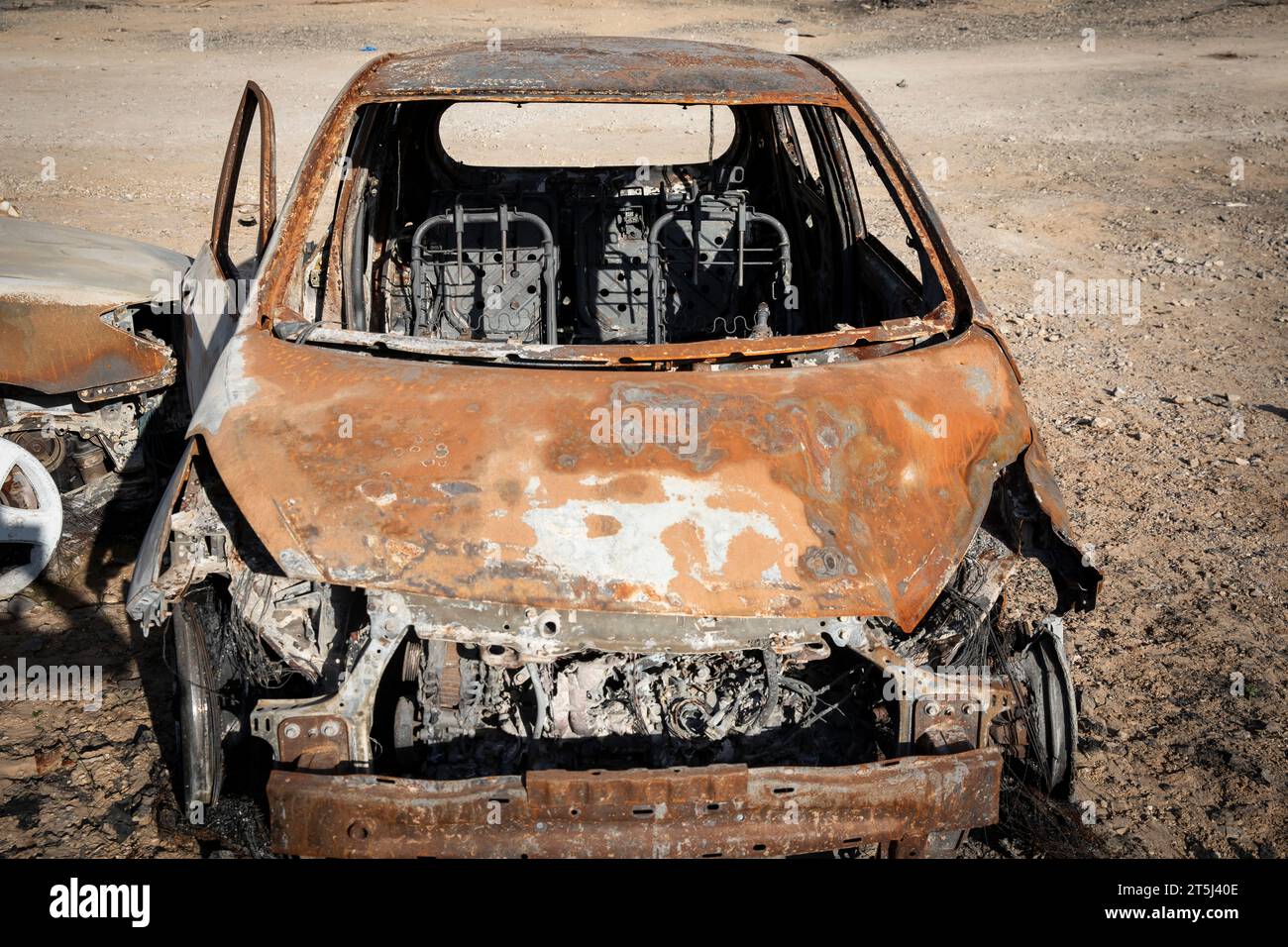 Charred and destroyed Cars of Kibbutz Kfar Aza after a brutal attack by the terrorist group Hamas on October 7, 2023 Stock Photo