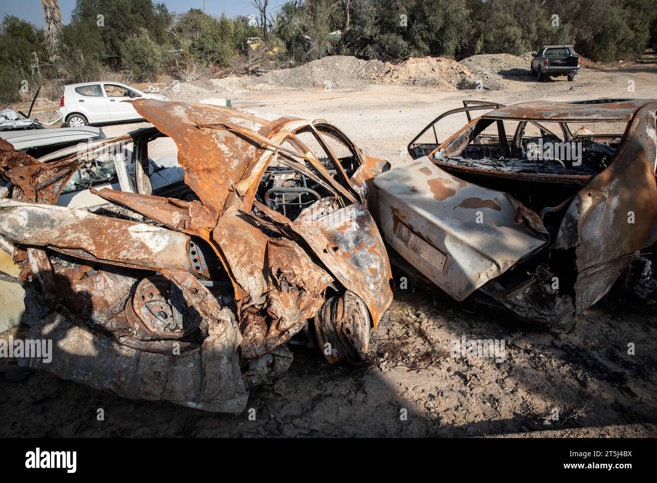 Charred and destroyed Cars of Kibbutz Kfar Aza after a brutal attack by the terrorist group Hamas on October 7, 2023 Stock Photo
