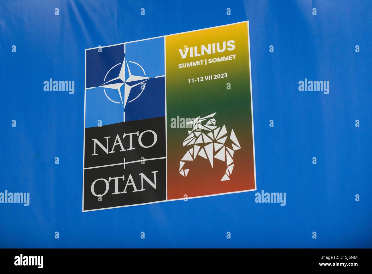 VILNIUS, LITHUANIA. 11th July 2023.NATO Vilnius 2023 summit logo. Stock Photo