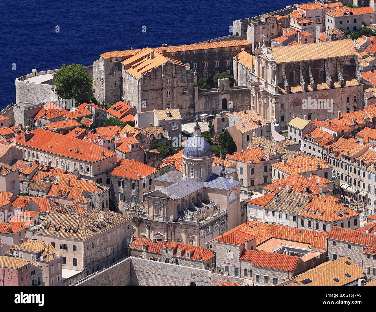 Aerial panoramic detail view of Dubrovnik Old Town on coast of Adriatic Sea, Croatia, Europe Stock Photo