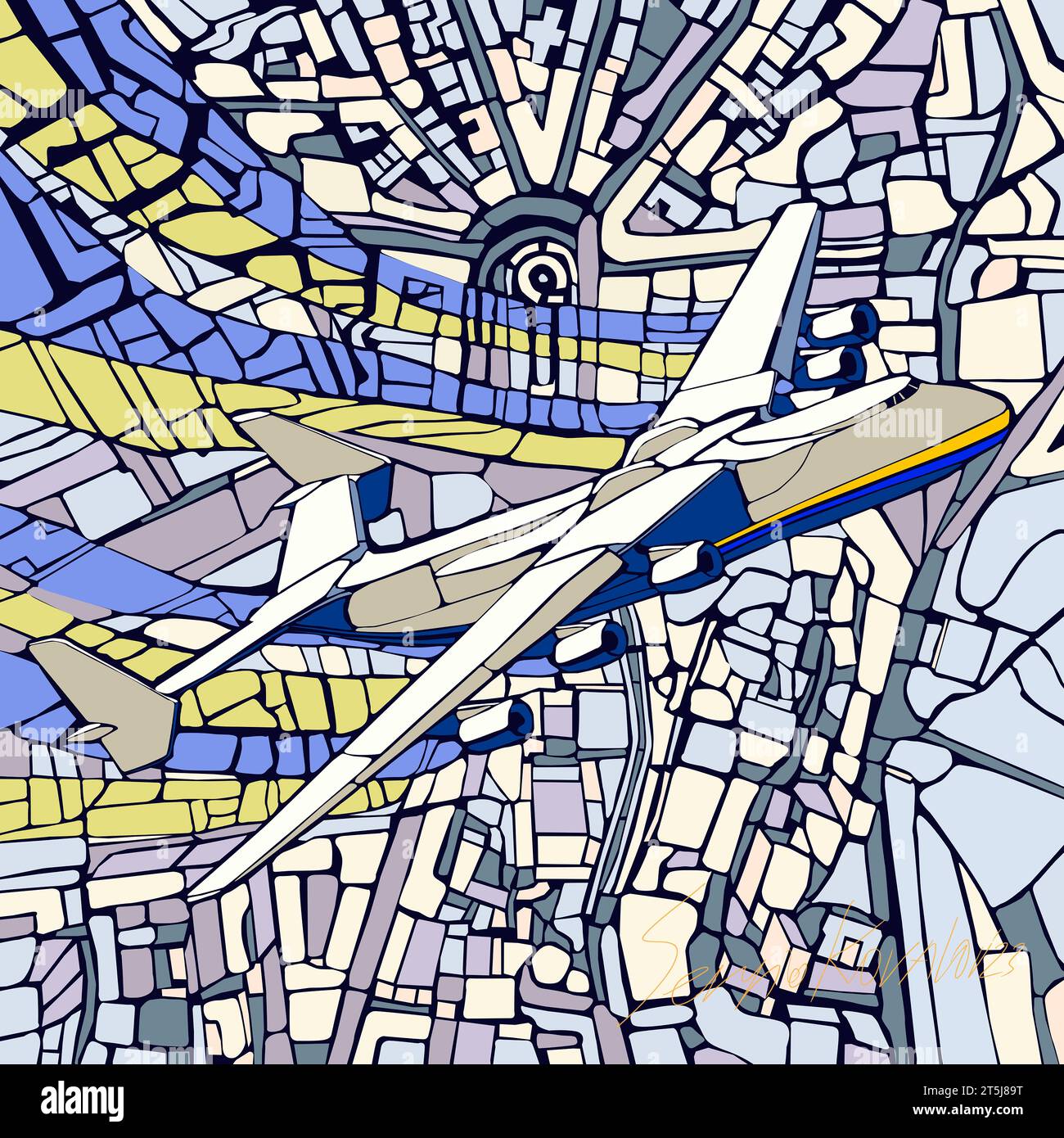 Kyiv, Ukraine. View in Kyiv city with plane in the sky. Ukrainian architecture, cargy aircraft, vector graphic, illustration create by artist. Stock Photo