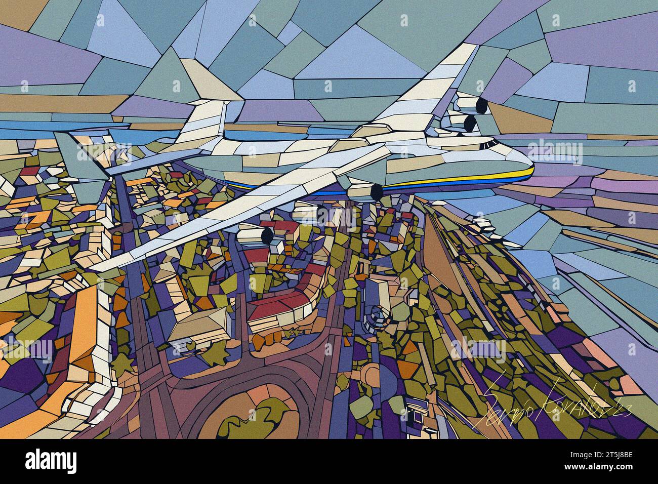 Sevastopol, Ukraine. View in Sevastopol city with plane in the sky. Ukrainian architecture, cargy aircraft, vector graphic, illustration create by art Stock Photo