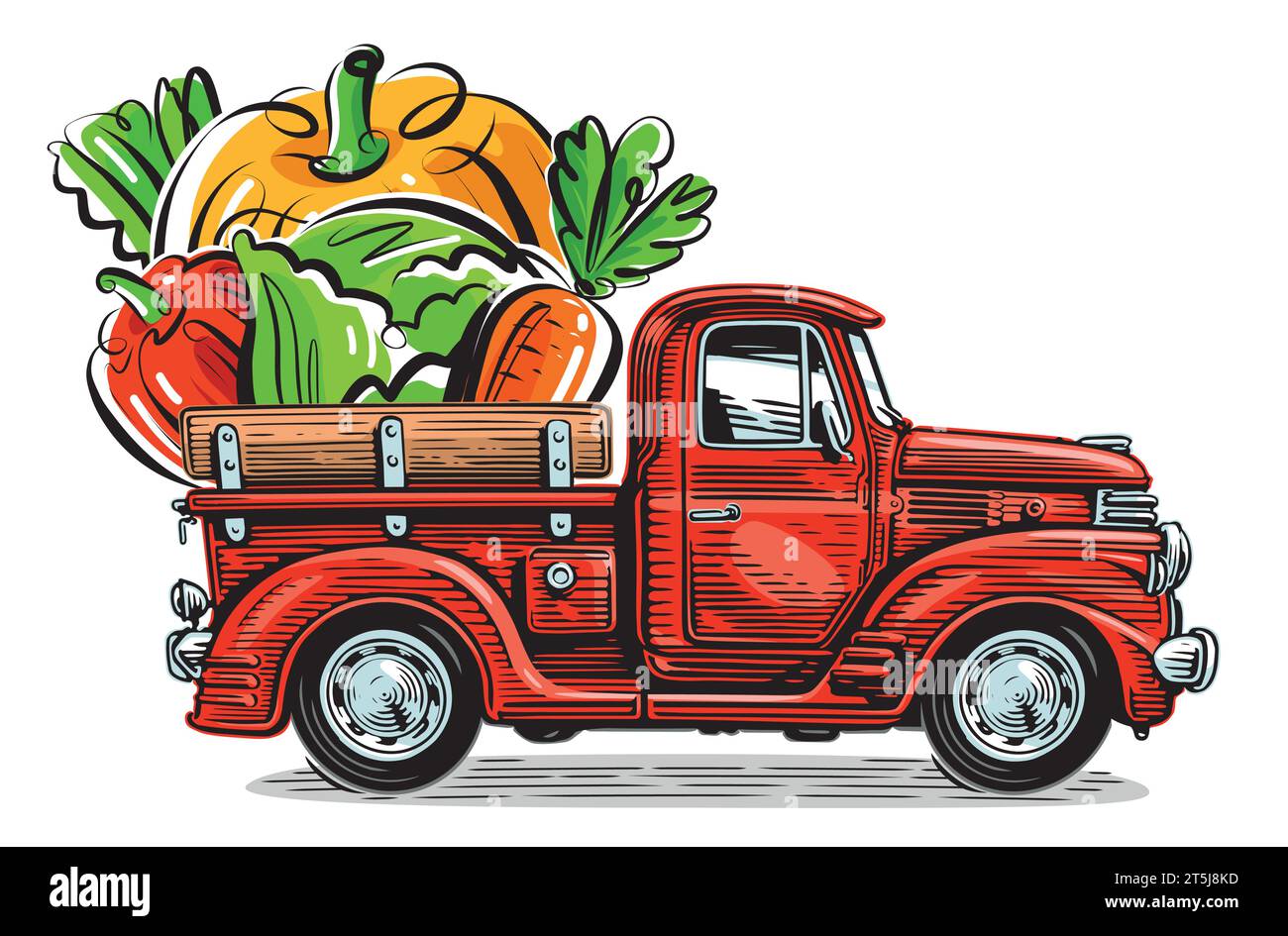 Retro farm pickup truck and organic fresh vegetables. Natural healthy food vector illustration Stock Vector