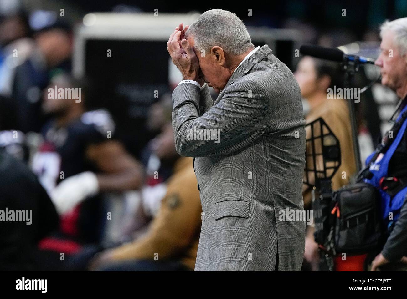 Atlanta Falcons owner Arthur Blank holds his head in his hands while watching from the sideline during the second half of an NFL football game against the Minnesota Vikings, Sunday, Nov. 5, 2023, in Atlanta. (AP Photo/John Bazemore) Stock Photo