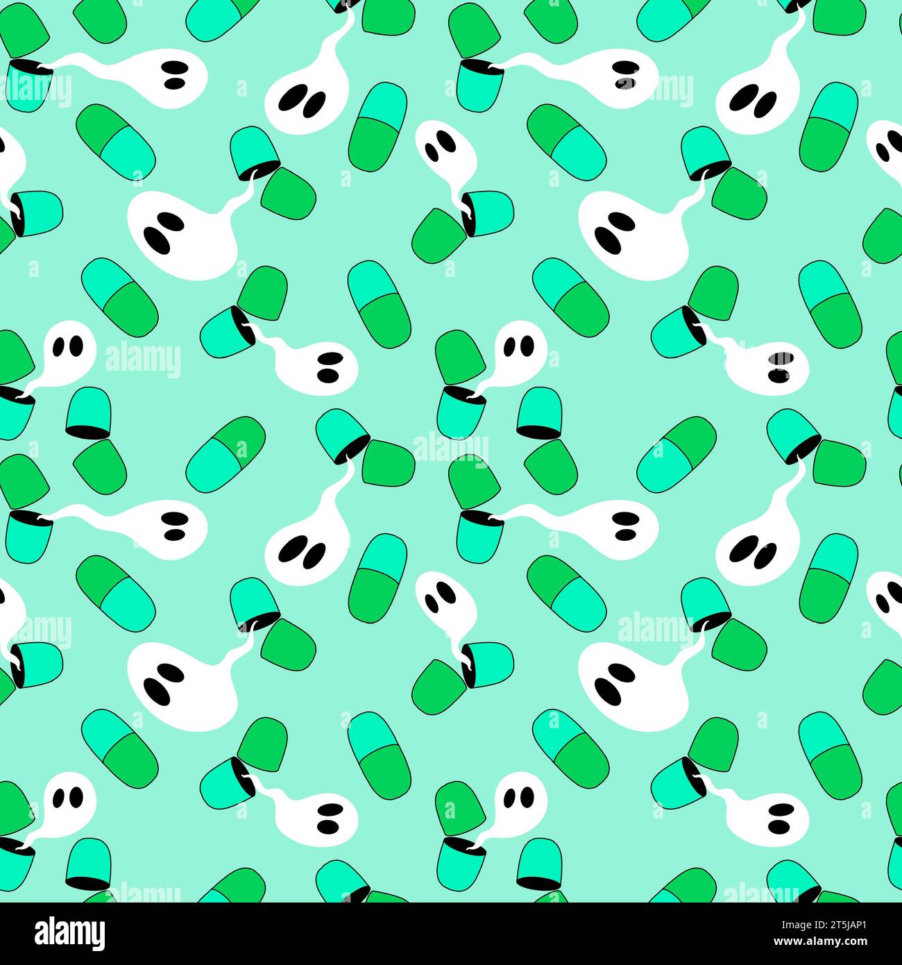 Halloween medicine seamless pills and ghost and skulls pattern for wrapping paper and fabrics and linens and autumn packaging and doctors textiles. Hi Stock Photo