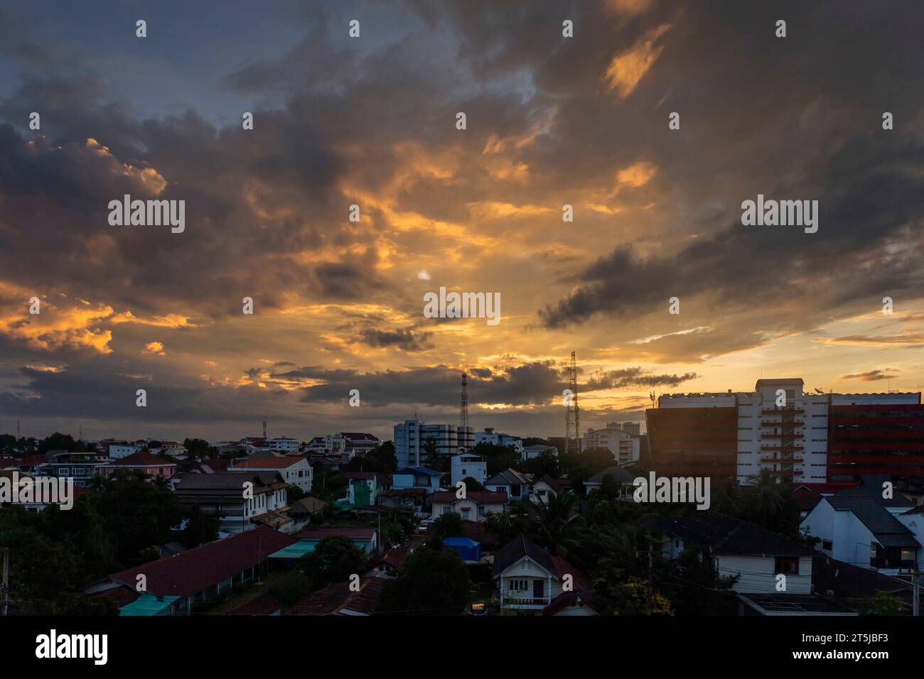 View of city center, sunrise, direction of Lang Xang Road's area, Vientiane, Laos, Southeast Asia, Asia Stock Photo