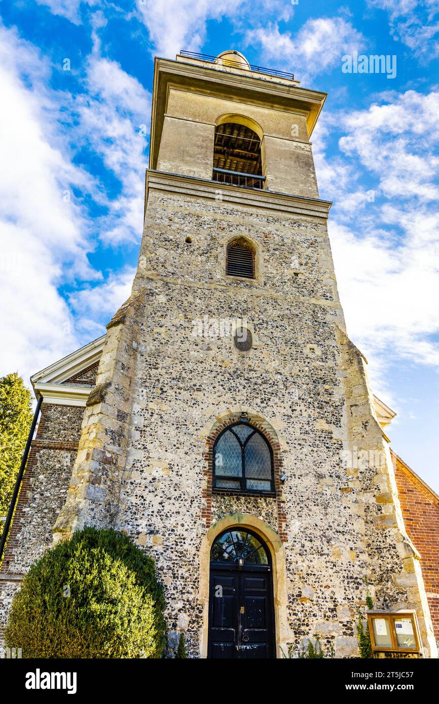Exterior of mixed medieval and neoclassical St Lawrence Church, West Wycombe Hill, Buckinghamshire, England Stock Photo